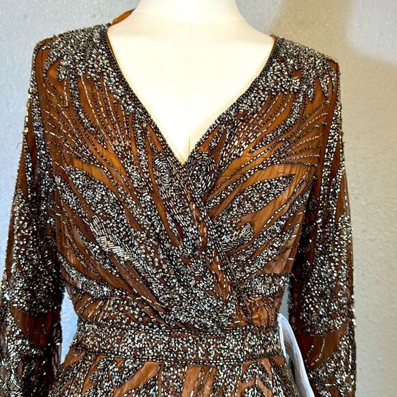 NEW Mac Duggal 5295 beaded long sleeve wrap over midi dress size 8 - Picture 6 of 14